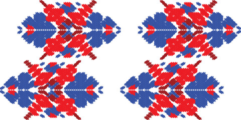 Red and blue embroidery ornament. Fashion texture for fabric textile.