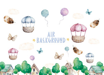 Hot Air Balloon and Clouds background. Hand drawn watercolor cartoon balloon on white background