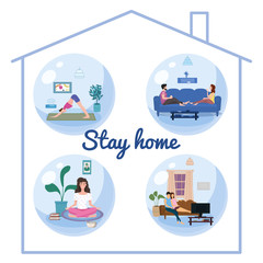 Set Stay home quarantine consept banners self isolation. Young couples and womens sitting at home