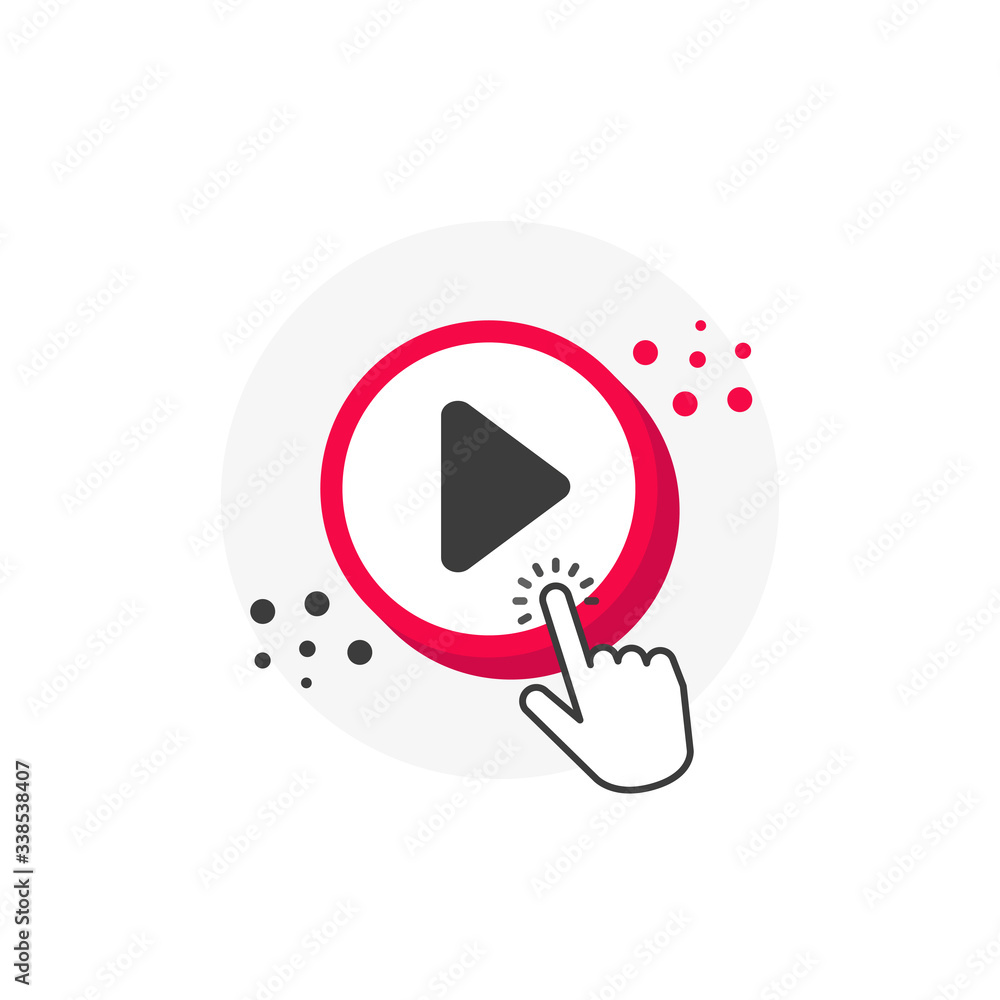 Poster play red 3d circles button with hand pointer clicking. white background. vector