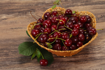 Sweet ripe cherry with leaves