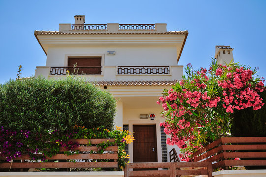 Canarian style houses in the resort town of Orihuela, La Zenia, Spain.
