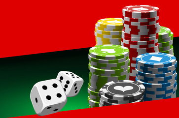 illustration Online Poker casino banner with a chips and dice. Marketing Luxury Banner Jackpot Online Casino with flat paper cloud for text. Empty advertising poster.