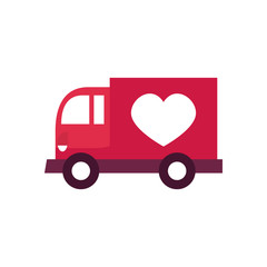charity donations concept, donations truck with heart icon, flat style