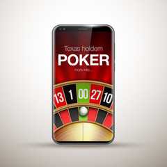 illustration Online Poker casino banner with mobile phone and roulette. Marketing Luxury Banner Jackpot Online Casino with New model Smartphone and roulette Advertising poster with red background