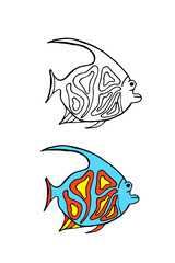 Contour image of fish. Vector fish - coloring. Diverse ocean inhabitants, for children