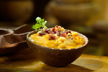 Gastronomy. Traditional food from northeastern Brazil. Hidden meat with beef puree and cheese