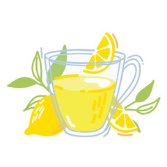 Cup of green tea with lemon slices and tea leaves. Lemon tea flat illustration. Vector drawing for cafe menu, postcards, prints.