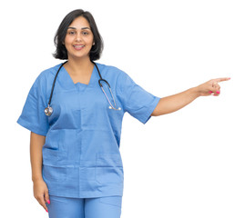 Latin american mature nurse poiting sideways