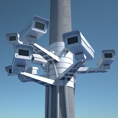 A lot of cctv cameras. Big brother concept. Face detection. No privacy.