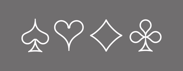 Icons Set shape diamonds, clovers, hearts, spades Four Playing card suits icons template. High quality outline Playing card suit shape symbol pictogram for web design or mobile app on gray background