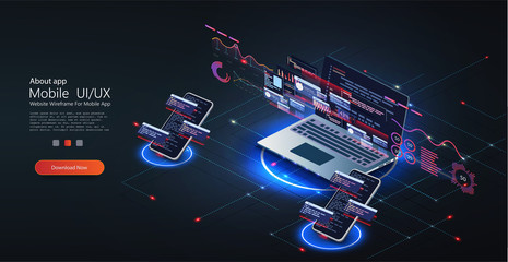 Software, web development, programming concept. Programming,  testing cross platform code, web banner. Abstract Programming language and program code on screen laptop. Computer code on laptop, phone.
