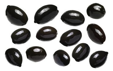 Set black olives isolated on white background, clipping path