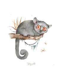 Baby Mouse lemur. Hand drawn cute watercolor cartoon mouse lemur on tree with jungle leaves on white background