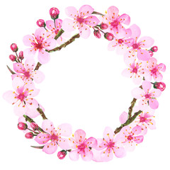 Obraz na płótnie Canvas Watercolor pink cherry flowers wreath. Hand painted illustration of blooming branch for wedding invitation.