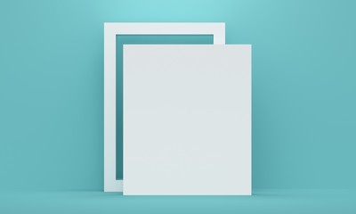 Silver frame and white paper on a blue background. Minimalist backdrop design for product promotion. 3d rendering