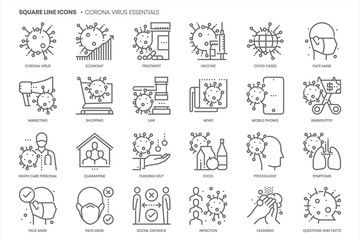 Coronavirus related, square line vector icon set for applications and website development.