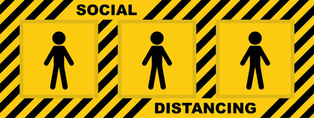 Black yellow icons of people separated by a safety tapes with text SOCIAL DISTANCING. Self isolation and quarantine to protect against the coronavirus pandemic. Vector infographic.