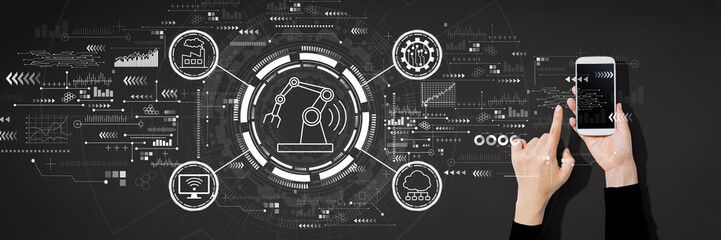 Smart industry concept with person using a white smartphone