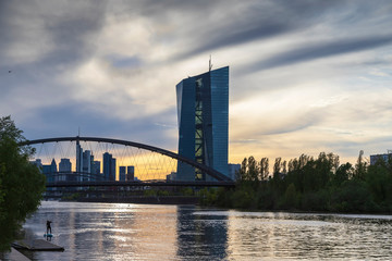 Naklejka premium River with bridge background and buildings in Frankfurt