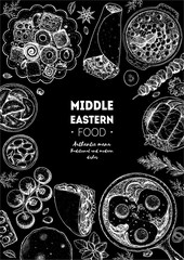 Middle eastern food top view frame. Food menu design with kebab, dolma, hummus, shakshouka and sweets. Vintage hand drawn sketch vector illustration.