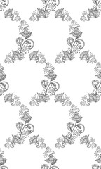 Fototapeta premium Stylish white floral kalamkari ornament pattern on black background. Vector surface design for fabric, apparel textile, book, interior, wallpaper