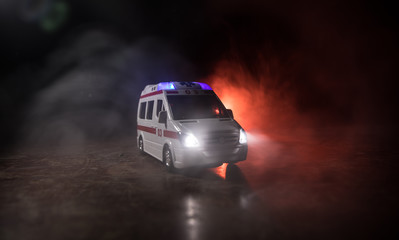 ambulance car on blured background. Ambulance auto paramedic emergency.