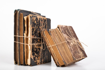 Old books bound with jute twine. Old publications prepared for archiving.