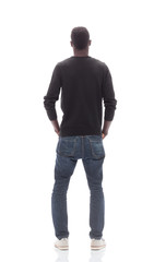 Fototapeta premium casual man looking at blank white screen. isolated on white