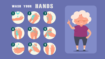 Old women teaching wash your hands step by step Reduce the risk infection disease concept crisis situation that we’re all experiencing around the world due to the coronavirus Coronavirus 2019- ncov.