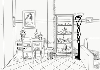 drawing of interior home Black and white