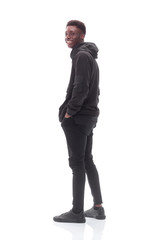 serious guy looking at the white wall. isolated on white