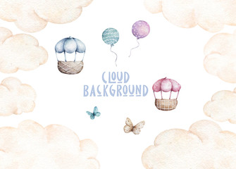 Hot Air Balloon and Clouds background. Hand drawn watercolor cartoon balloon on white background