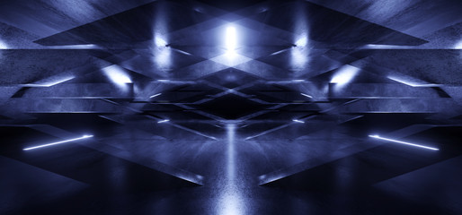 Sci Fi Futuristic Concrete Reflective Metal underground Corridor Tunnel hallway  Glowing Laser Neon Led Blue Columns Empty Space background Parking 3D Rendering