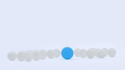 White and blue pills collection on white background. Vitamin deficiency, avitaminosis concept. Homeopathy cure treatment, Healthy Lifestyle, Protection from virus. Front view