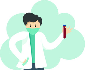 Medical doctor in a mask. Cartoon character with a flask in hand