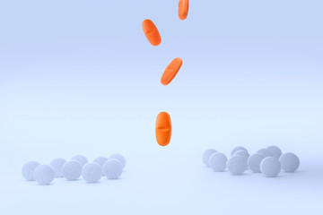 White and orange flying pills collection on white background. Vitamin deficiency, avitaminosis concept. Homeopathy cure treatment, Healthy Lifestyle, Protection from virus. Front view