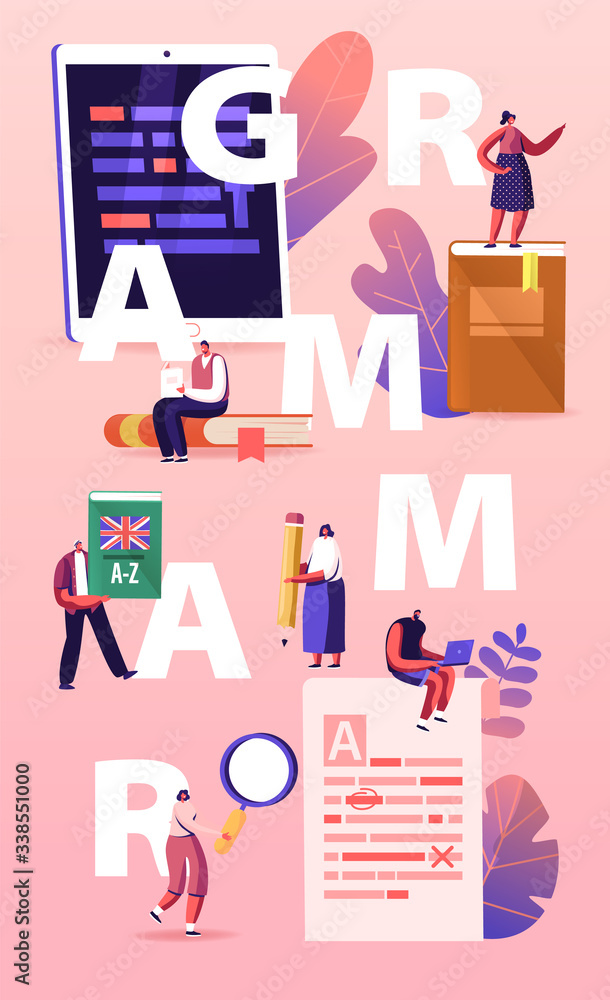 Poster english grammar examination concept. tiny people characters correct mistakes and errors in paper and