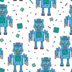 Seamless pattern with robots, squares and rectangles. Vector illustration on a white background.
