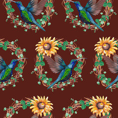 sunflower wreaths and hummingbirds seamless pattern