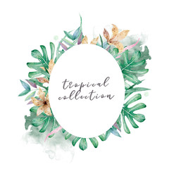 Hand drawn watercolor tropical banner with jungle leaves. Exotic leaves illustrations horizontal frame, jungle tree, brazil trendy. Perfect for design.