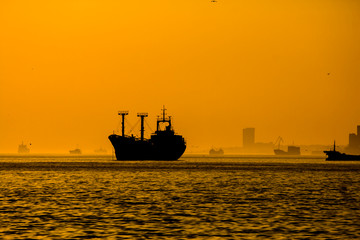 Obraz premium Cargo ship on sea in the rays of the setting sun.
