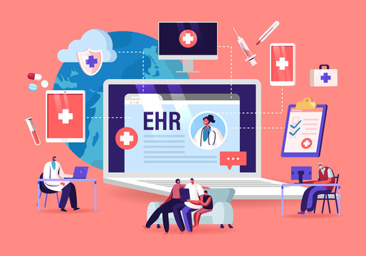 EHR, Electronic Health Record. Patient Character Insert Medical Data in Tablet. Doctor Use Digital Smart Device to Read Report Online. Modern Technology in Hospital. Cartoon Vector People Illustration