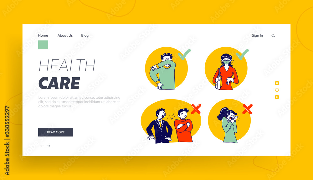 Poster wrong and correct ways for sneezing landing page template. characters using cubit to sneeze, and wea