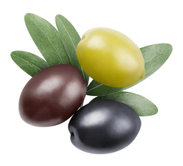 Delicious red, black and green olives with leaves, isolated on white background