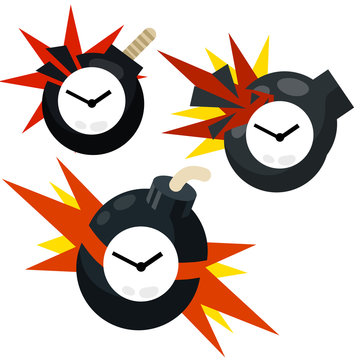 Time bomb. Deadline and hours. Dangerous situation. Business concept. Set of explosions and rush icon. Cartoon flat illustration