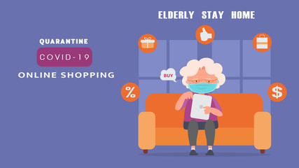 Stay home elderly Find internet,Shop online Reduce the risk infection and disease concept crisis situation that we’re all experiencing around the world due to the coronavirus Coronavirus 2019- ncov.