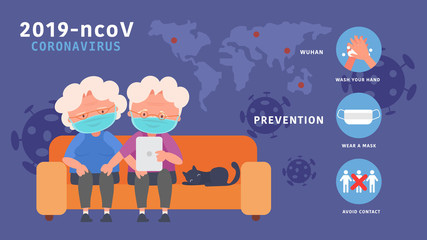 Stay home elderly couple Find internet knowledge Reduce the risk infection disease concept crisis situation that we’re all experiencing around the world due to the coronavirus Coronavirus 2019- ncov.