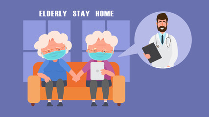 Stay at home concept crisis situation that we’re all experiencing around the world due to the coronavirus outbreak,Elderly couple Find medical information online contact with the doctor.