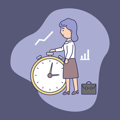 Time Management Concept. Confident Businesswoman Is Standing Near Big Stop Watch. Concept Of Working Time Planning, Deadlines And Business Planning. Cartoon Linear Outline Flat Vector Illustration